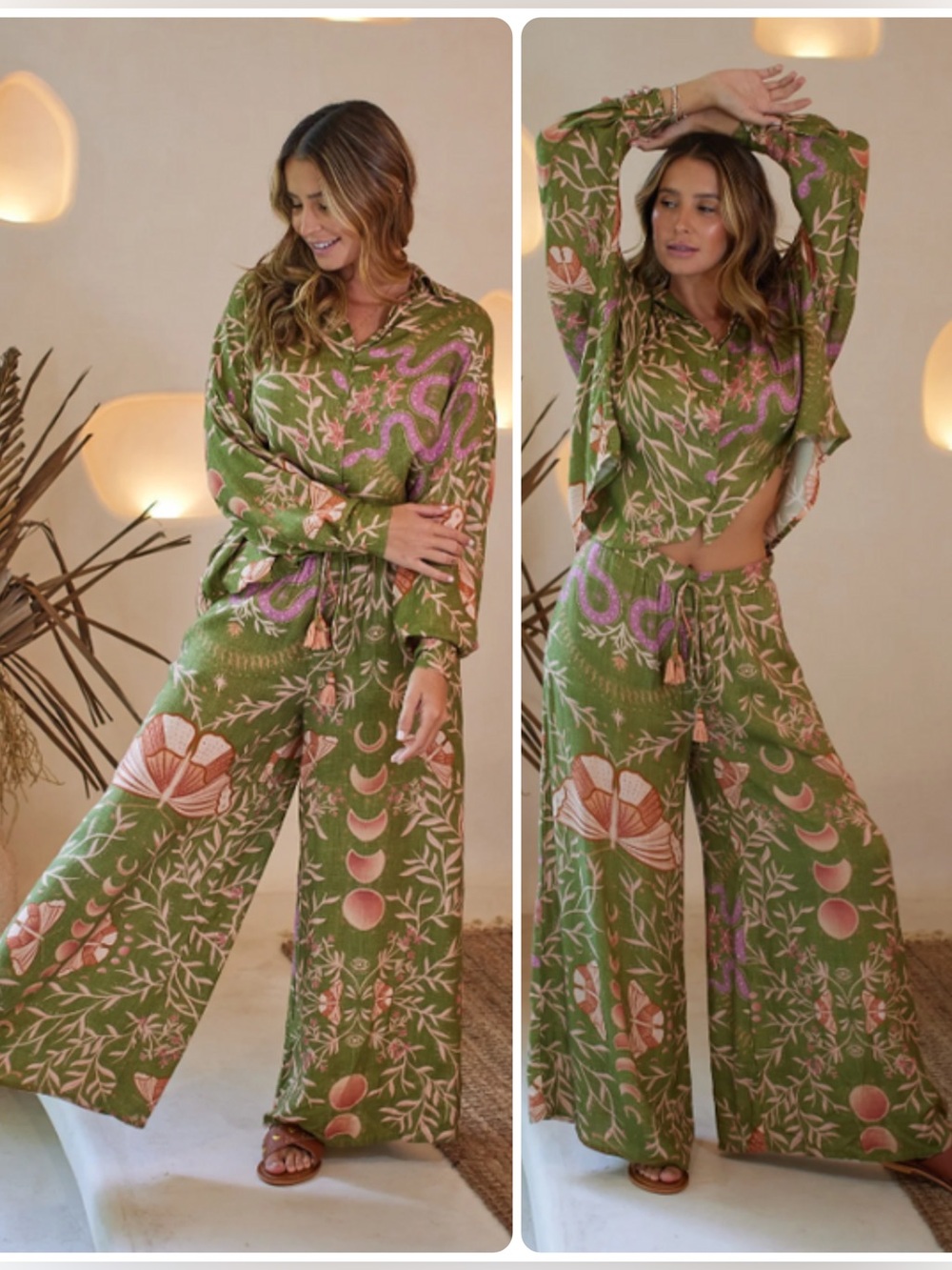 Z&L Europe Papillon Botanical Wide-Leg Pants & Button Up Shirt SET NET $219